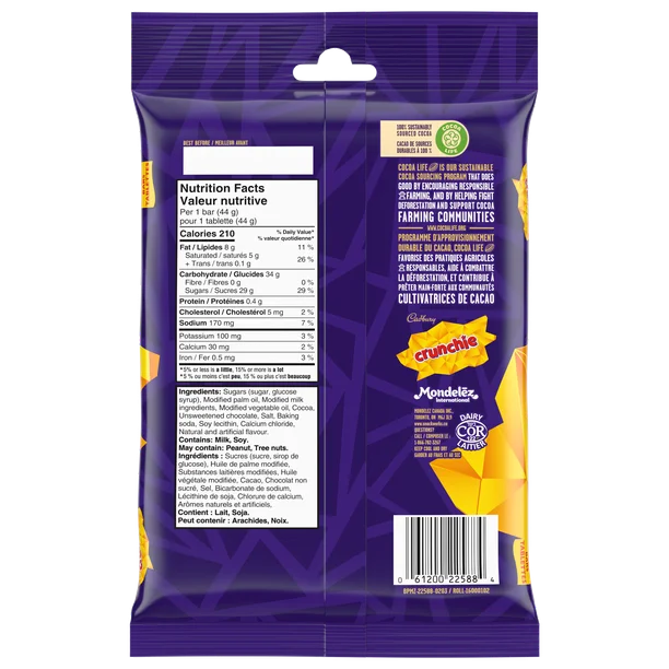 Back view of a purple candy bar package with nutritional information and branding details.