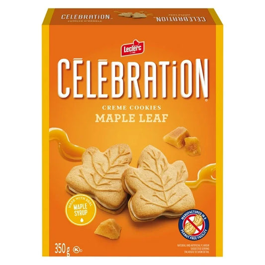 Box of Leclerc Celebration Creme Cookies Maple Leaf on an orange background