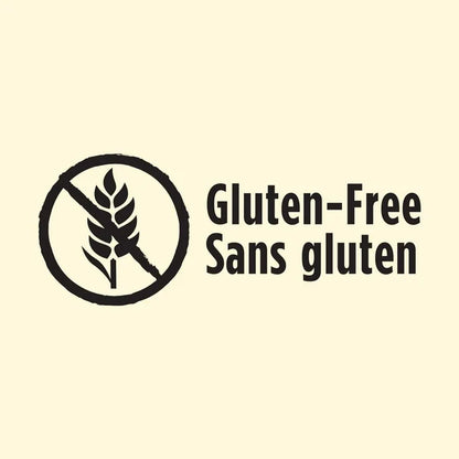 Logo for gluten-free products with a black circle containing a white wheat symbol on a beige background.