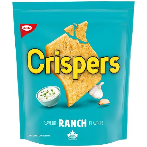 Crispers Ranch flavour cracker package with blue background