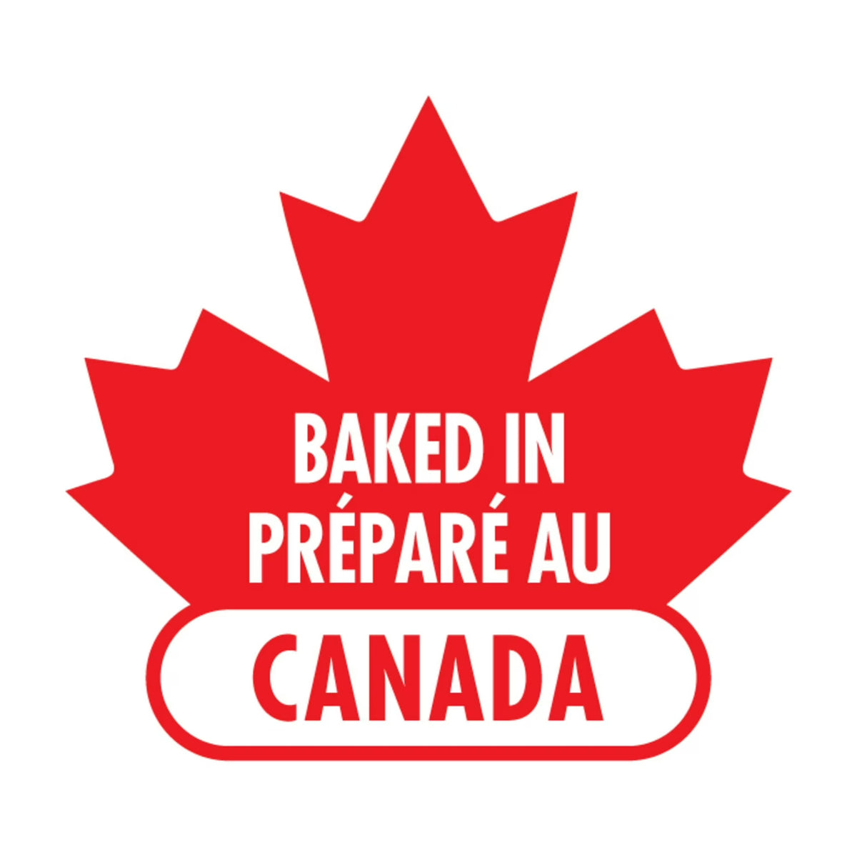 Red maple leaf with 'Baked in Canada' text on a white background