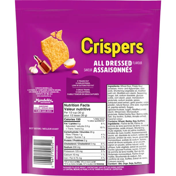 Purple bag of Crispers All Dressed flavor with nutritional information and ingredients listed.