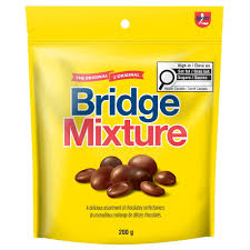 A 200g bag of Bridge Mixture chocolate-covered soft beans in a bright yellow stand-up pouch with the product name in blue and pink lettering.