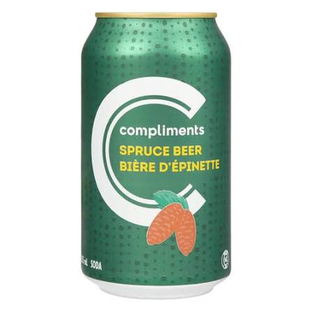 A 330ml can of Compliments Spruce Beer, featuring a metallic green label with a white 'C' logo, yellow text, and a spruce pine illustration, set against a plain white background.