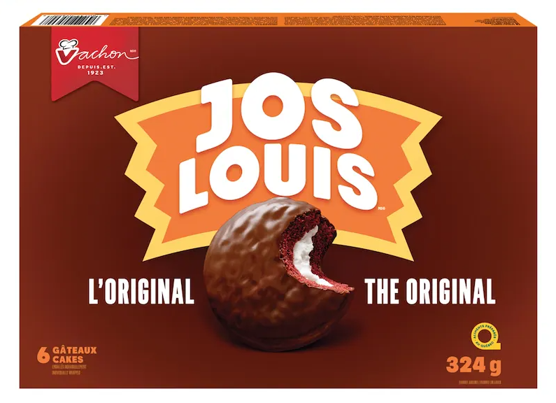 Box of Jos Louis cakes with a bite taken out of one, on a white background