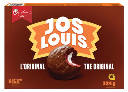 Box of Jos Louis cakes with a bite taken out of one, on a white background
