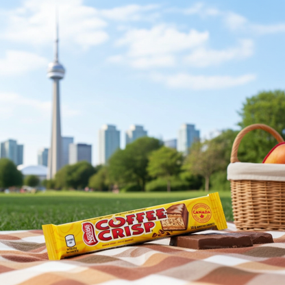 A yellow Nestlé Coffee Crisp snack bar lies on a brown-and-white checkered picnic blanket in a park, with a wicker basket and fruit blurred in the foreground and the Toronto skyline, including the CN Tower, in the background.