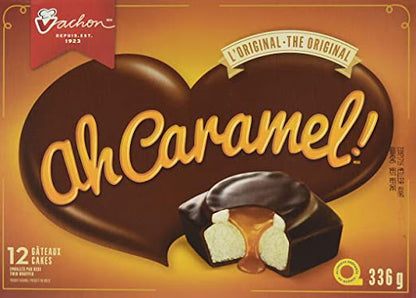 Box of Vachon 'ah Caramel!' chocolate candies with a caramel filling on an orange background.
