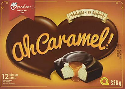 Box of Vachon ahCaramel chocolate candies with a heart-shaped design on an orange background.